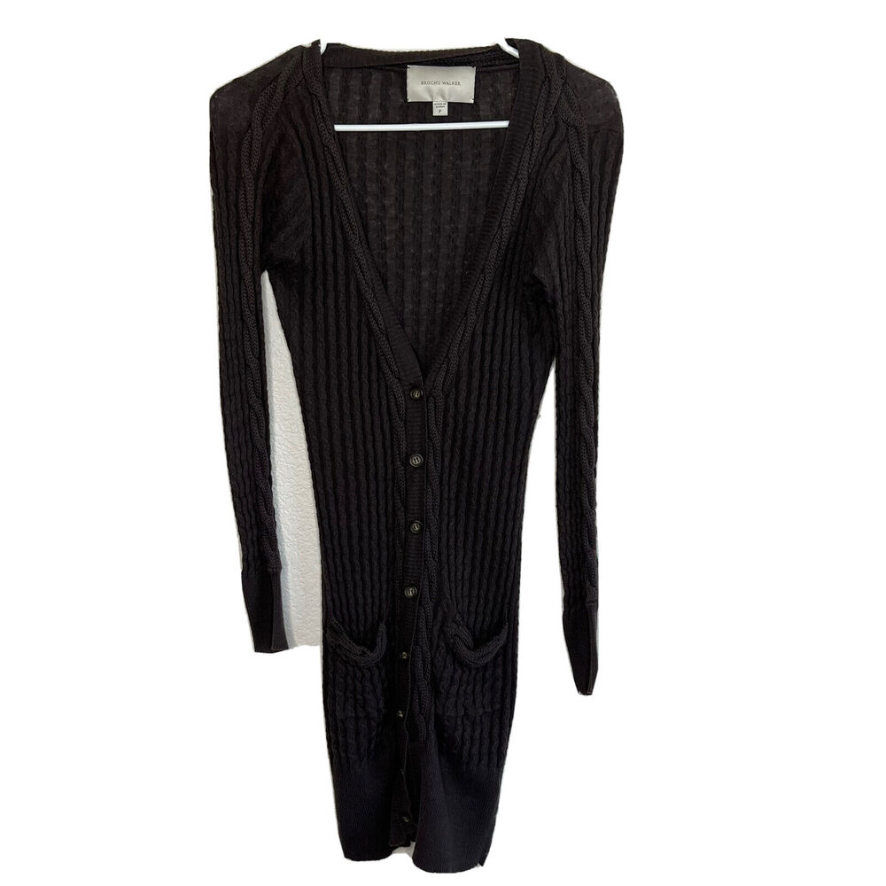 Brochu Walker Women’s P Brown Cable Knit Cotton Cashmere Long Tunic Cardigan aa6